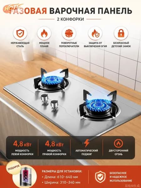 Газовая Варочная панель, серый металлик