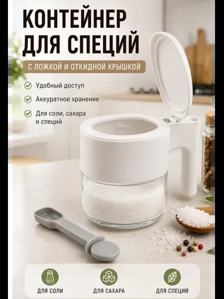 банка для специй и соли стекло с ложкой 2 в 1 белая