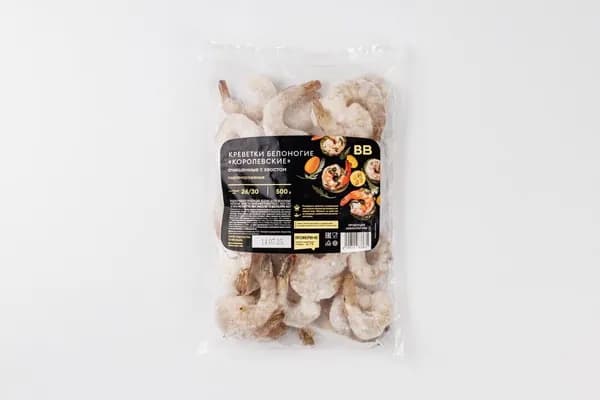 Креветки белоногие "Королевские" очищ. с хвостом с/м 26/30 зам., 500 г