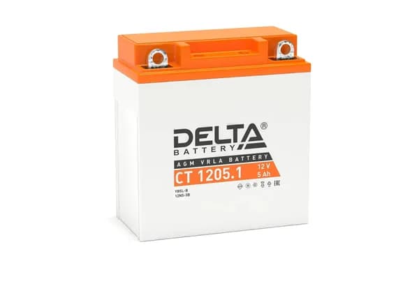 Аккумуляторная батарея для мототехники Delta, 12 В, 5 Ач, клемма болт + гайка 5 мм, белая, оранжевая (CT 1205.1)