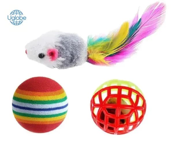 Набор игрушек для кошек 3 предмета FOXYION (мышка, шарик радужный, мячик с колокольчиком)