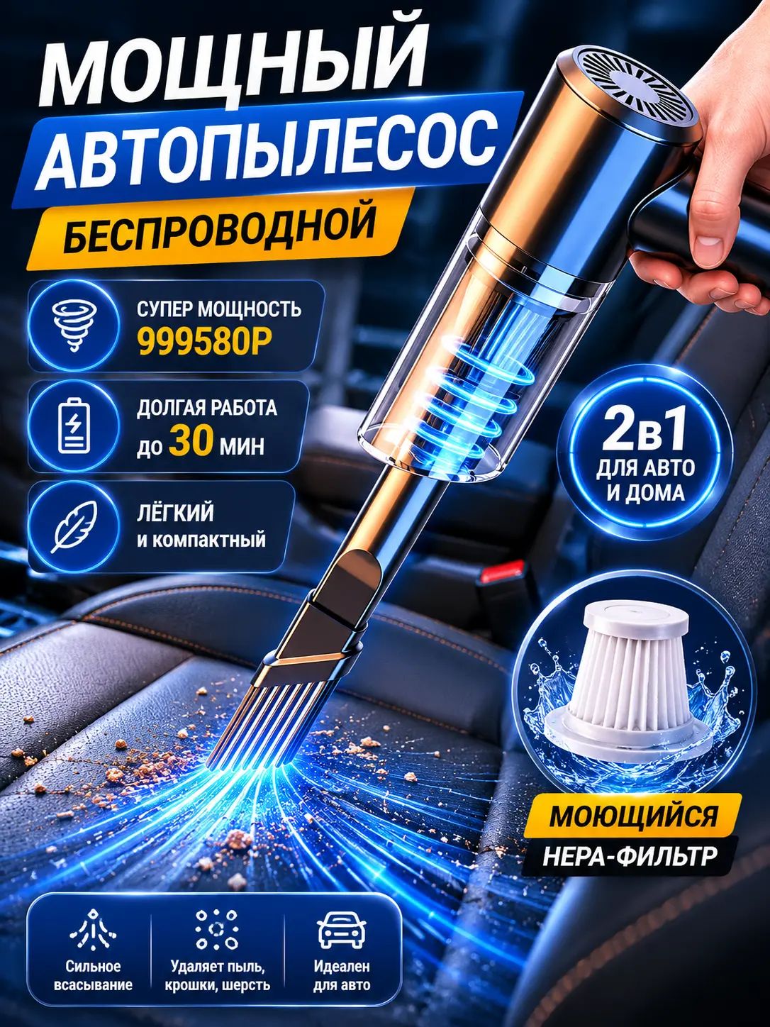 Пылесос беспроводной ручной для дома и автомобиля с мощным всасыванием
