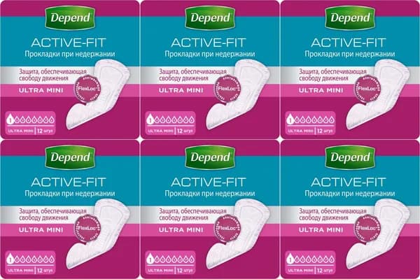 Урологические прокладки Depend Ultra Mini, комплект: 6 упаковок по 12 шт