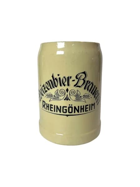Кружка пивная Marzi & Remy 500 мл "Weizenbier-Brauerei Rheingonheim" в бежево-черных тонах винтажная, керамика, деколь, 13 х 9 см, Германия, 1980-90 гг.