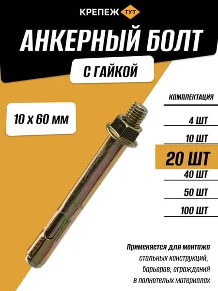 Анкерный болт с гайкой 10х60мм, 20 шт