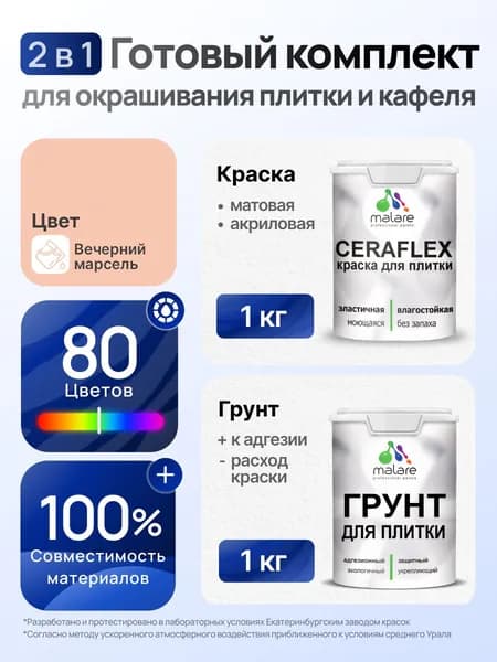 Комплект Malare LIPPO для окрашивания плитки и кафеля (1кг грунт + 1 кг краска), акриловый, без запаха, быстросохнущий, матовый, цвет вечерний марсель