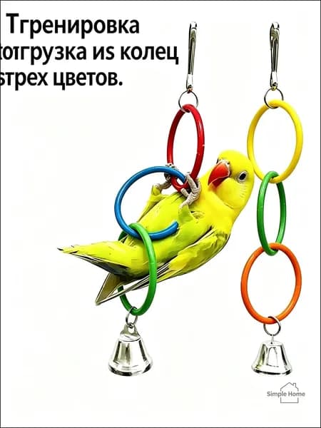 Трехцветное либо пятицветное кольцо для жевания и лазания, оснащенное колокольчиком, применяется как качественный аксессуар для птичьей клетки.