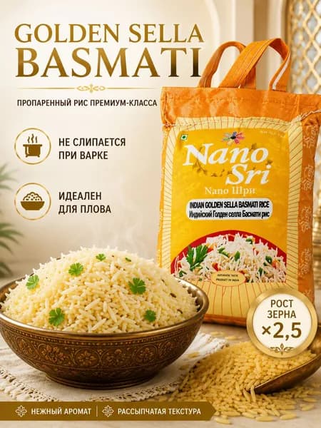 Nano Sri Рис пропаренный Голден Селла басмати (Indian Golden Sella Basmati Rice), 1 кг