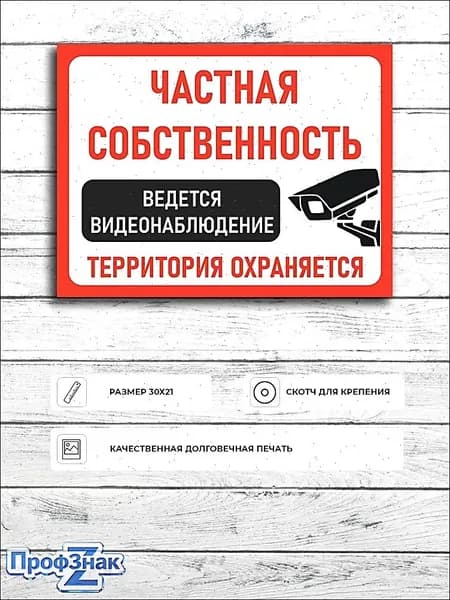 Табличка "Частная собственность ведется видеонаблюдение территория охраняется" А5 (20х15см)