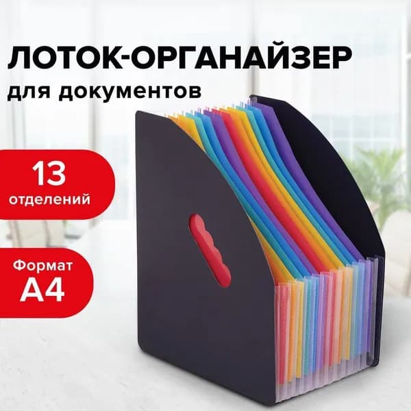 Лоток-органайзер вертикальный канцелярский для бумаг и документов, 13 отделений, Brauberg Docs, А4 черный