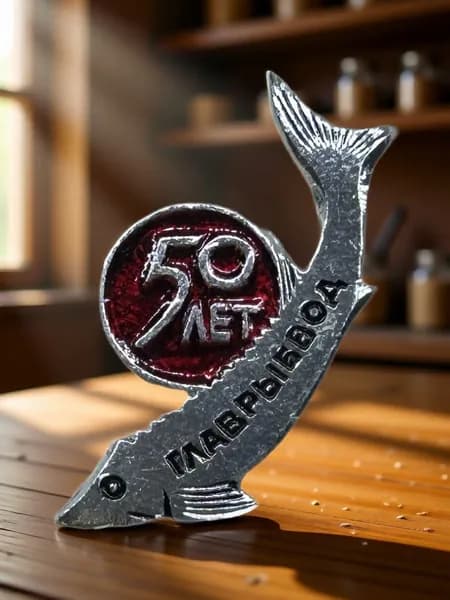Знак 50 лет Главрыбвод (Главное управление рыбоохраны и рыбоводства). Алюминий, на булавке, клеймо МЗСИ. Советский значок.