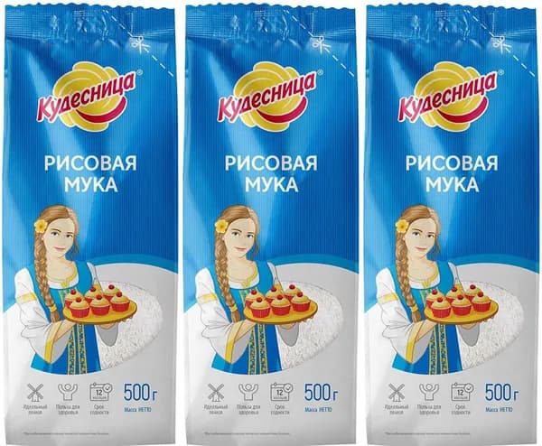 Мука Кудесница рисовая, комплект: 3 упаковки по 500 г