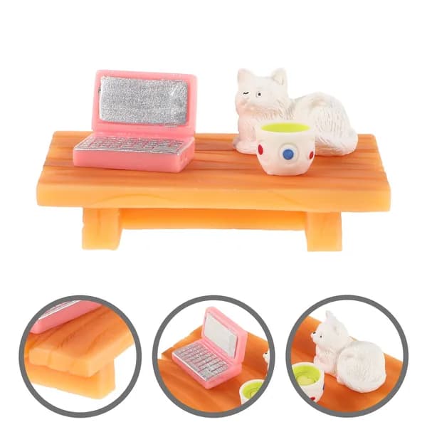 Набор миниатюрной розовой мебели из пластика для кукольного дома с компьютером и кошкой для декорирования
