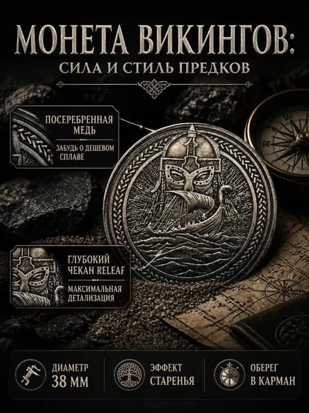 Монета сувенирная коллекционная Викинги, 38 мм посеребренная медь - старинный скандинавский талисман амулет с дракаром, винтажный металлический жетон для мужчин