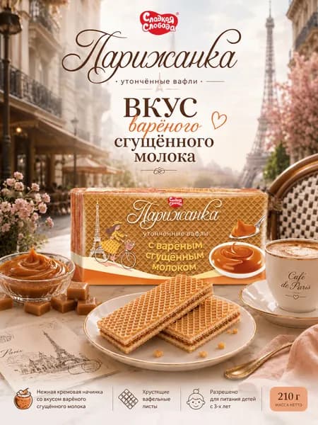 Вафли "Парижанка" с вареным сгущенным молоком 210 гр / Разрешено для питания детей с 3х лет / Сладкая слобода