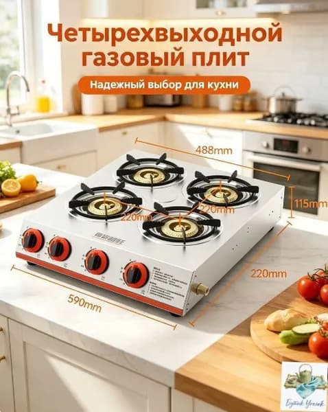 Встраиваемая газовая варочная поверхность на 4 конфорки, нержавеющая сталь, чугунные решетки, функция газ-ко