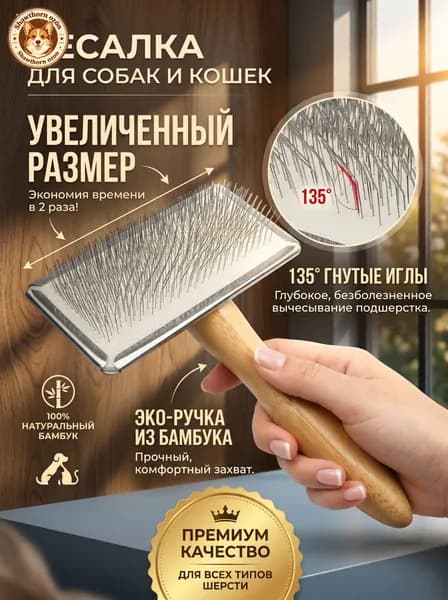 Чесалка для собак и кошек пуходерка для вычесывания шерсти крупная, щетка с бамбуковой ручкой