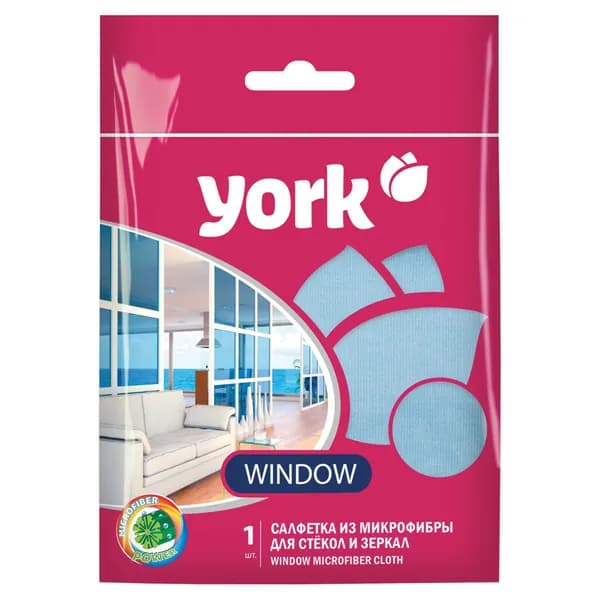 Салфетка для уборки York двусторонняя для мытья окон и зеркал, микрофибра, 30х30 см, голубая, 280 г, (26150)