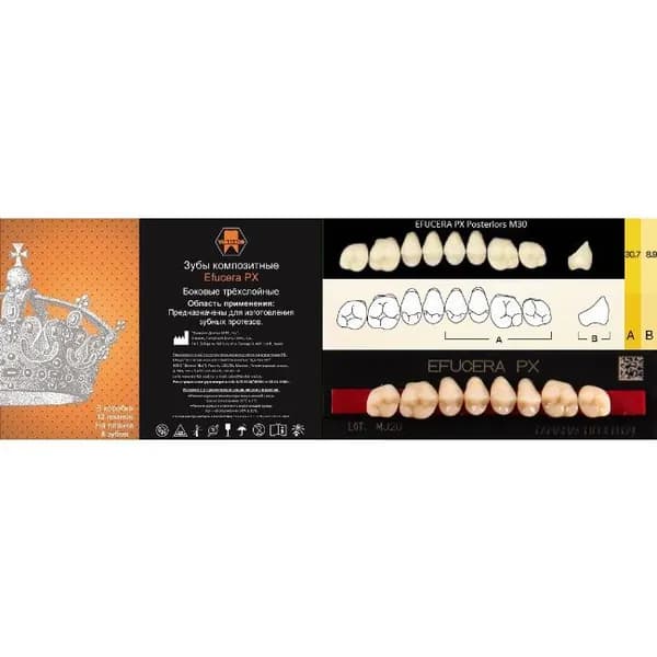 Зубы композитные трехслойные, вариант исполнения: PX, EFUCERA Posterior (боковые верхние), фасон 30 цвет C1,8шт. на планке.