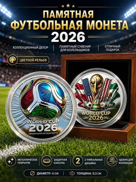 Сувенирная монета ЧМ 2026 по футболу, памятный жетон Кубок мира в капсуле, коллекционная медаль 4 см, настольный сувенир для болельщиков