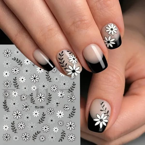 Минималистичные черно-белые цветочные наклейки для ногтей flower self nail art designs