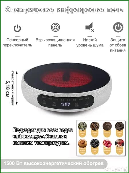 JIQI Инфракрасная настольная плита Настольная плитка электрическая инфракрасная 1 конфорки для кухни,одноконфорочная 7 режима,устойчивая к высоким температурам, серебристый