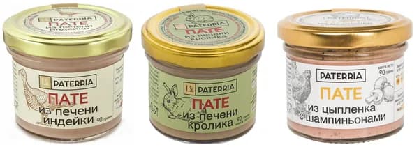 Пате ассорти Paterria, 270г ( 3шт по 90г :из цыпленка с шампиньонами ; из печени индейки; из печени кролика)