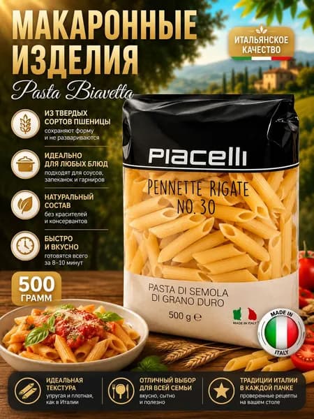 Макаронные изделия PIACELLI Pasta Penette Rigate №30 500г.