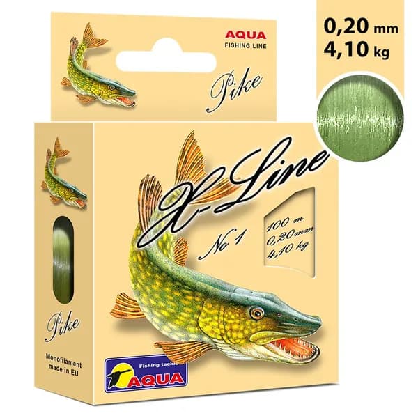 Леска для рыбалки AQUA X-Line Pike (Щука) 0,20mm 100m, цвет - оливковый, test - 4,10kg
