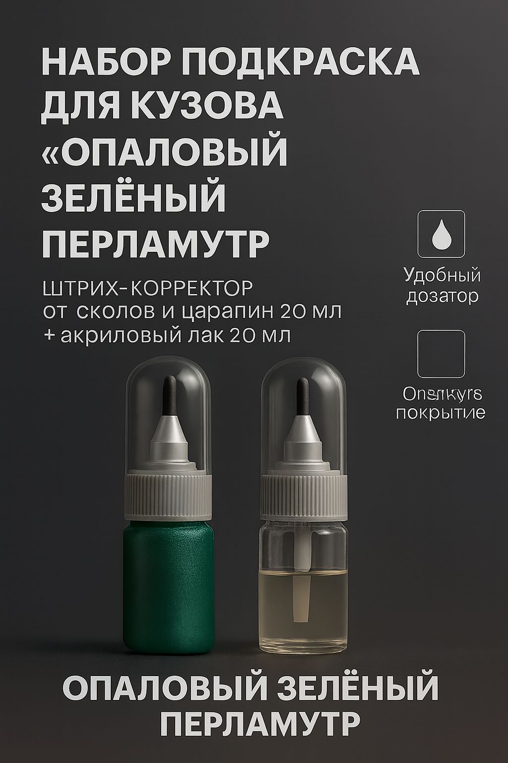 Набор подкраска для кузова "Опаловый зелёный перламутр", код цвета: RAL 6036, штрих-корректор от сколов и царапин 20 мл + акриловый лак 20 мл