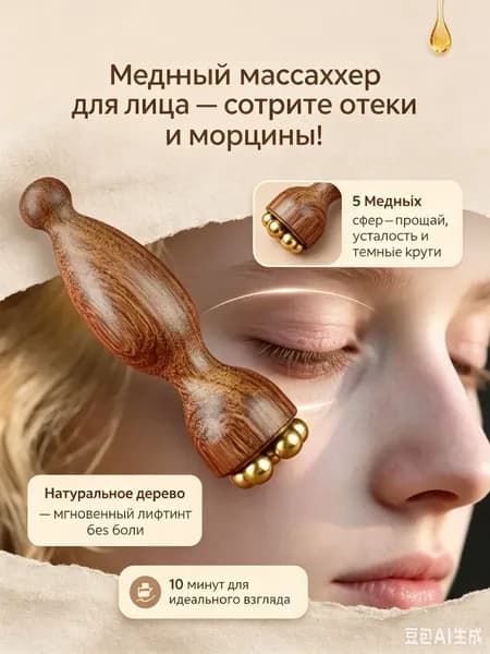 Массажер для лица медный, деревянный роллер-скребок для лимфодренажа, от отеков и морщин/гусиных лапок, бьюти-гаджет для ухода за кожей вокруг глаз и шеи