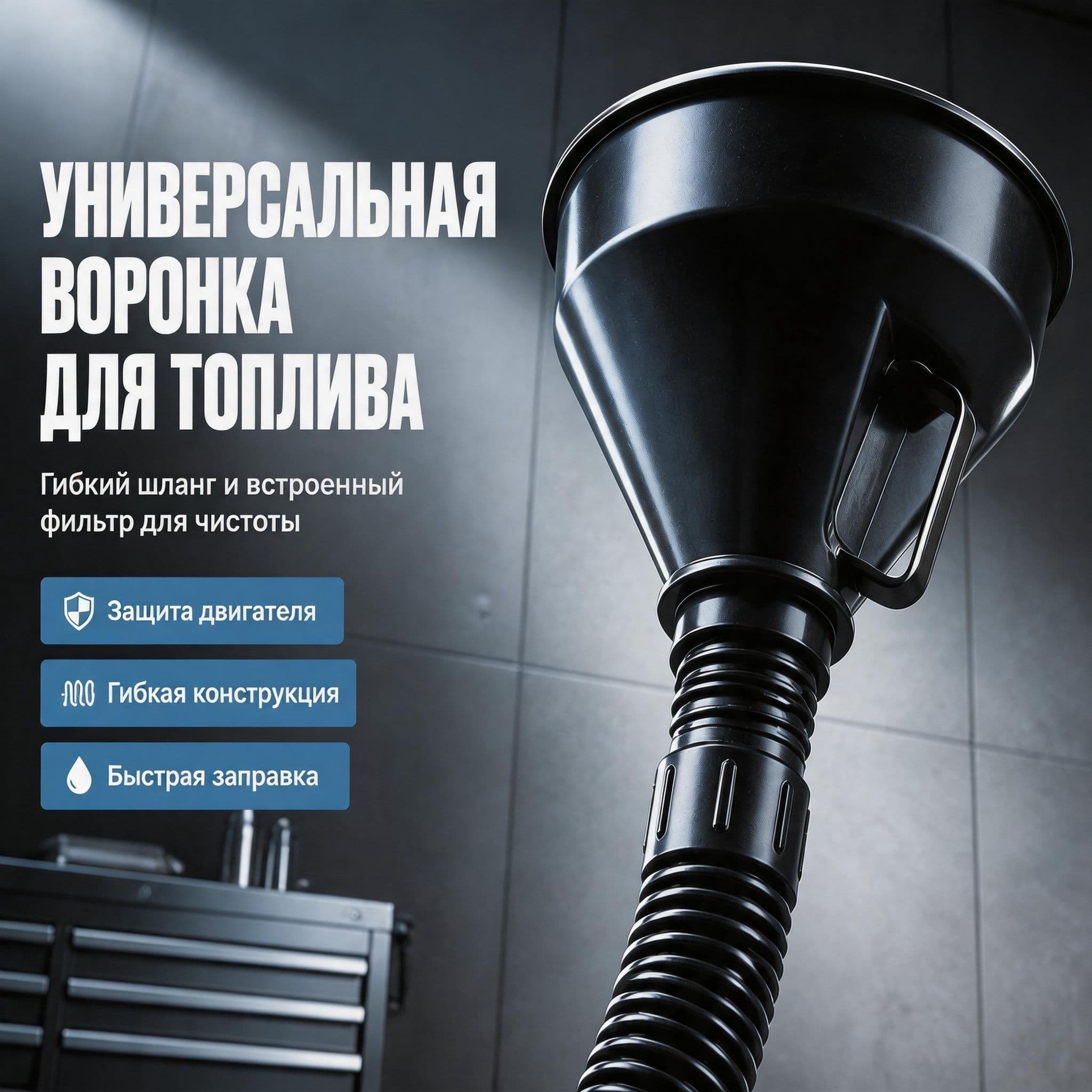 Воронка для заправки топлива с гибкой гофрированной трубкой из ПВХ универсальная антипроливная автомобиля и дачи