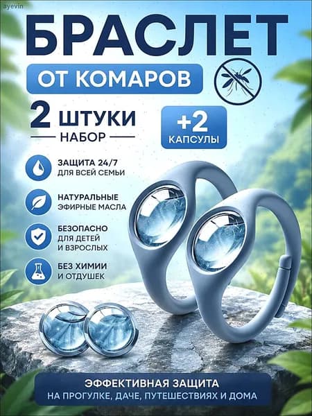 Браслет-репеллент от комаров/фумигатор/цвет синий/2 шт набор+2 капсулы