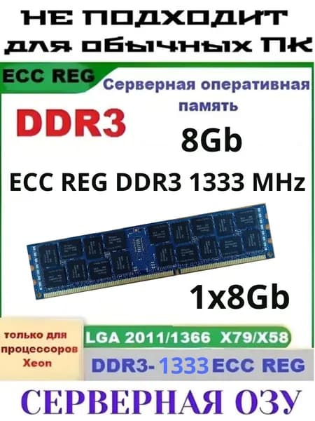 Оперативная память Серверная DDR3-1333 8Gb REG ECC (подходит под Xeon LGA 2011) DDR3, 1333 МГц, 1 x 8 ГБ (000087)