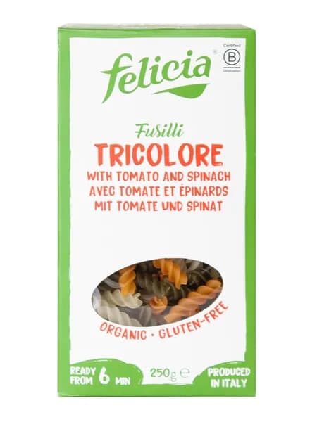 Макароны Felicia Fusilli Спиральки без глютена из рисовой муки с добавлением шпината и томатов BIO, 250г