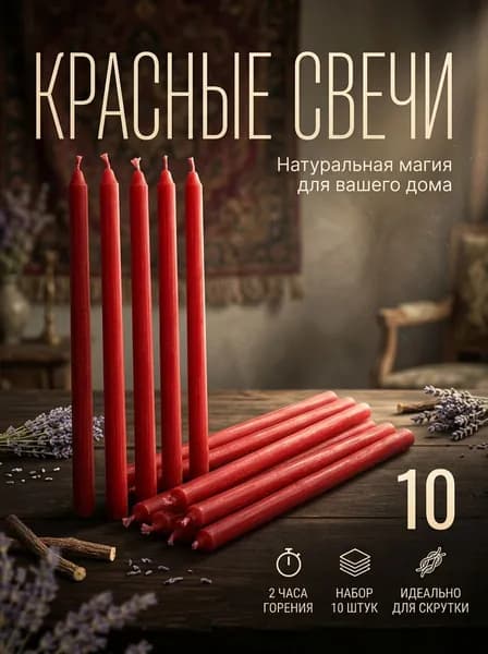 Свечи восковые красные набор 10 штук 2 часа горения 270 мм натуральные ручная работа
