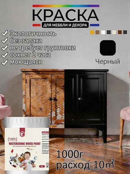 Краска Быстросохнущая, Моющаяся, до 25°, Эпоксидная, Матовое покрытие, 1 л, 1 кг, черный матовый