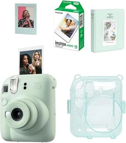 Fujifilm Instax Mini 12 фотоаппарат зеленый Набор из 20 пленок, футляра из блестящего плексигласа, альбома на 64 страницы и рамки с магнитами.