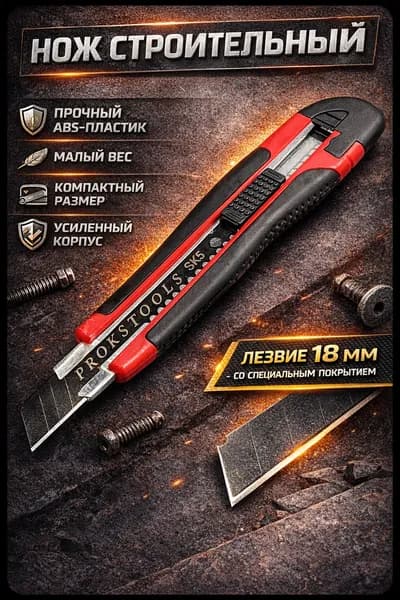 Канцелярский нож строительный, сегментированное лезвие 18 мм, усиленный красный
