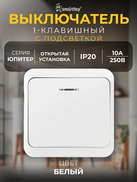 Выключатель Smartbuy 1-клавишный с индикатором 10А "Юпитер" (SBE-03w-10-SW1-1), белый