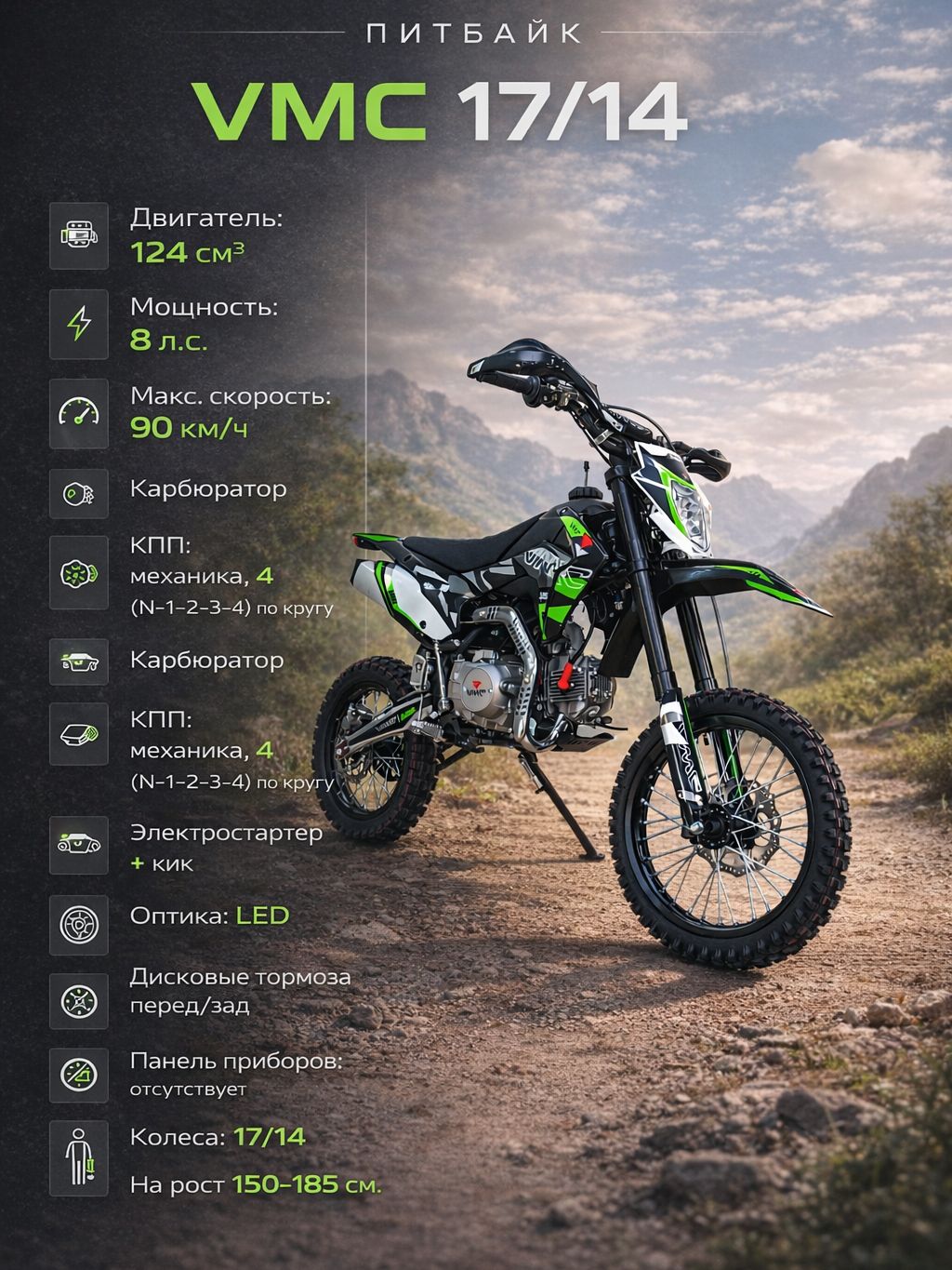 Питбайк VMC 17/14 Green 124 см3 (эл.стартер), бензиновый, для соревнований