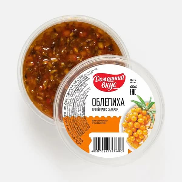 Облепиха протертая с сахаром, 200 г, Домашний Вкус