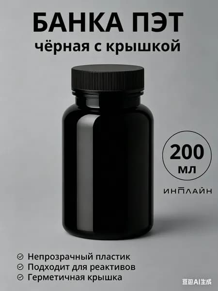 Банка пластиковая 200 мл с крышкой чёрная непрозрачная для реактивов лабораторная