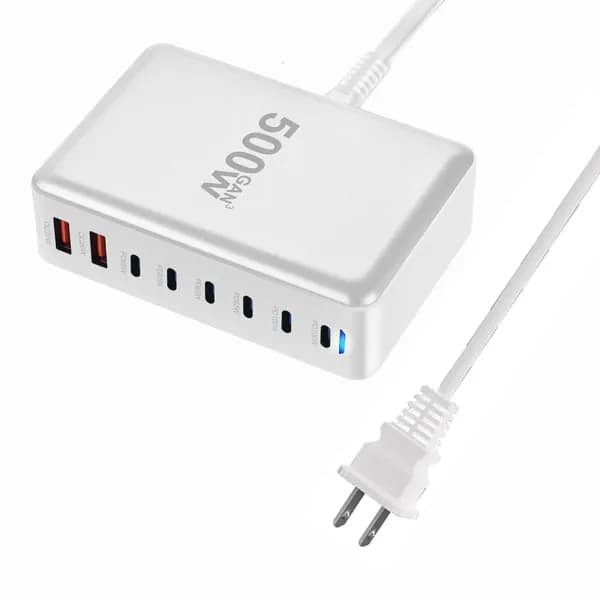 500W 8 Port Gans Chargers Станция быстрого зарядки 6 USB C 2 A Adapters PD, Белый - Штепсельная Вилка США