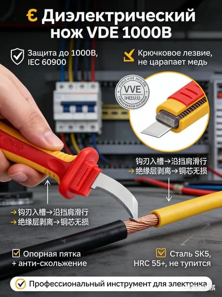 Диэлектрический нож для снятия изоляции, VDE 1000В - лезвие из стали SK5, с опорной пяткой - для электриков, электромонтажа, кабеля, не повреждает жилу, IEC 60900, красно-жёлтый, 15-18 см
