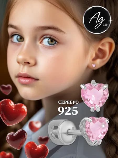 Agline Серьги гвоздики серебро 925 пробы Сердце с розовыми фианитами