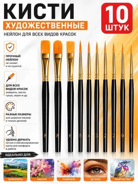 Набор кистей для рисования Ассорти  № 1/0, 10 шт.