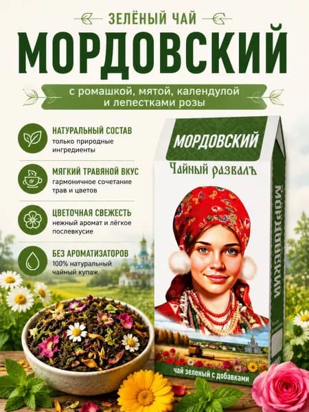 Чай зеленый листовой с ромашкой и мятой, Мордовский, цветочный чай с добавками