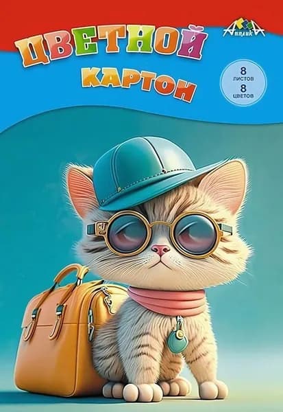 Картон цветной немелованный 8л,8цв "Крутой котенок"/Апплика