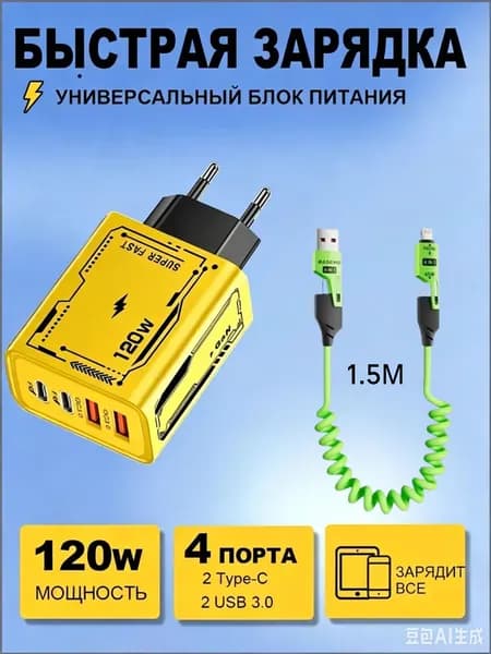 120 Вт PD + быстрое зарядное устройство USB + кабель передачи данных 1 м